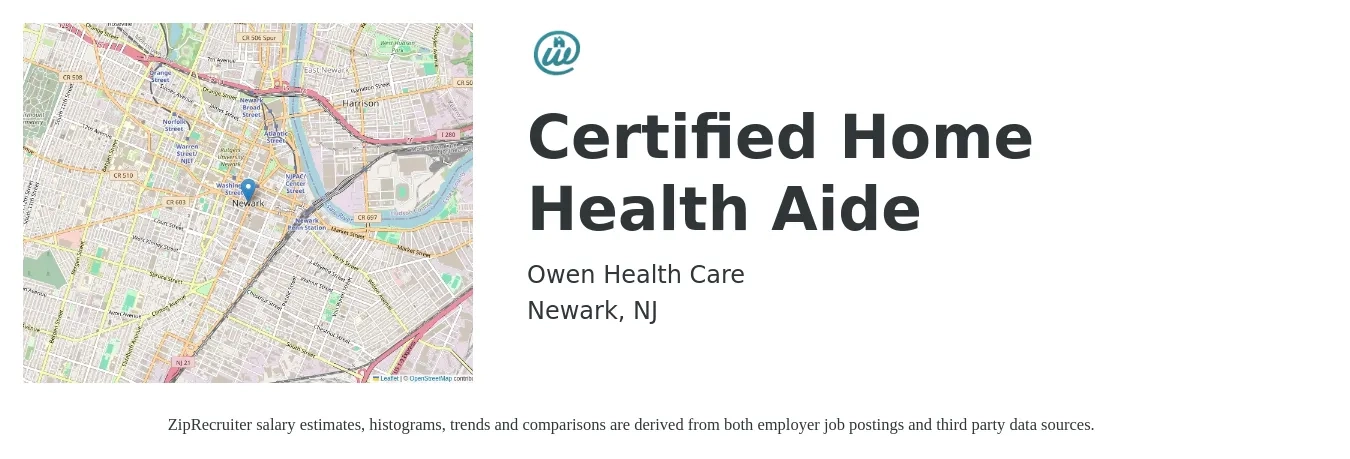 Owen Health Care job posting for a Certified Home Health Aide in Newark, NJ with a salary of $17 to $21 Hourly with a map of Newark location.