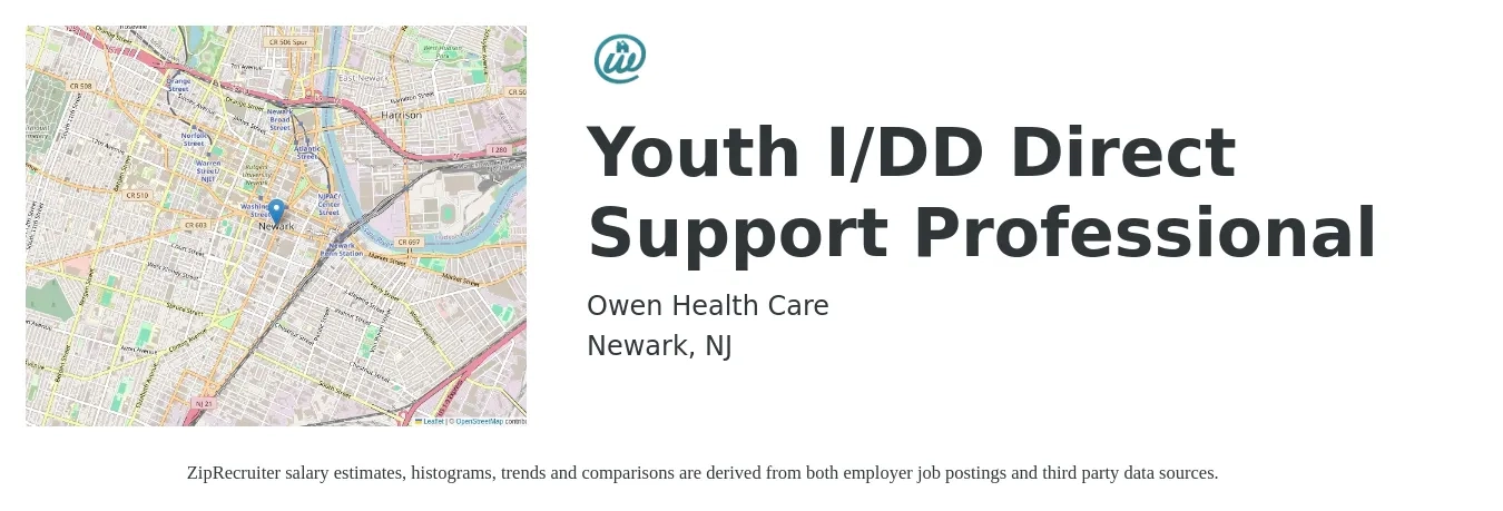 Owen Health Care job posting for a Youth I/DD Direct Support Professional in Newark, NJ with a salary of $21 to $30 Hourly with a map of Newark location.