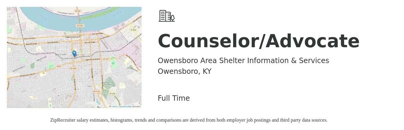 Owensboro Area Shelter Information & Services job posting for a Counselor/Advocate in Owensboro, KY with a salary of $19 to $25 Hourly with a map of Owensboro location.