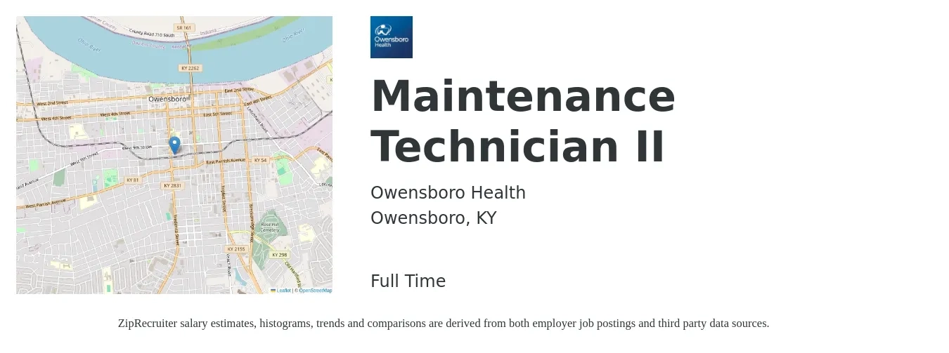 Owensboro Health job posting for a Maintenance Technician II in Owensboro, KY with a salary of $16 to $24 Hourly with a map of Owensboro location.