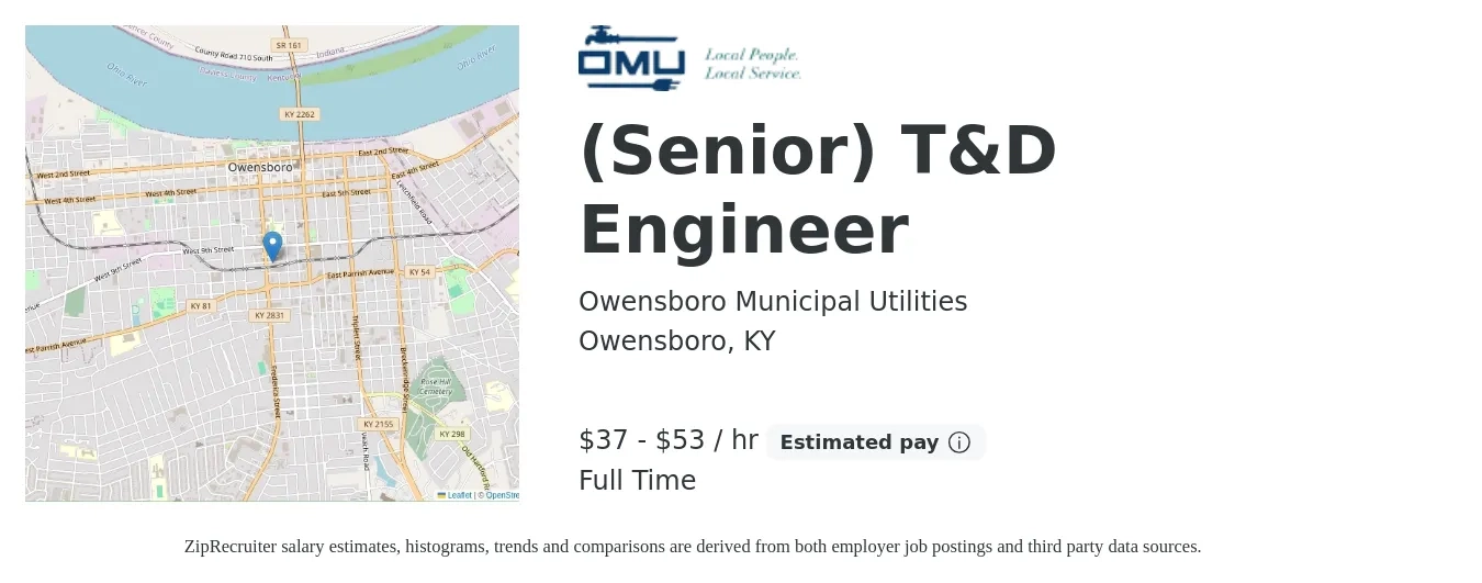 Owensboro Municipal Utilities job posting for a (Senior) T&D Engineer in Owensboro, KY with a salary of $39 to $55 Hourly with a map of Owensboro location.
