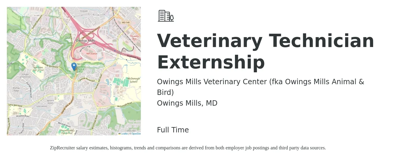 Owings Mills Veterinary Center (fka Owings Mills Animal & Bird) job posting for a Veterinary Technician Externship in Owings Mills, MD with a salary of $18 to $24 Hourly with a map of Owings Mills location.