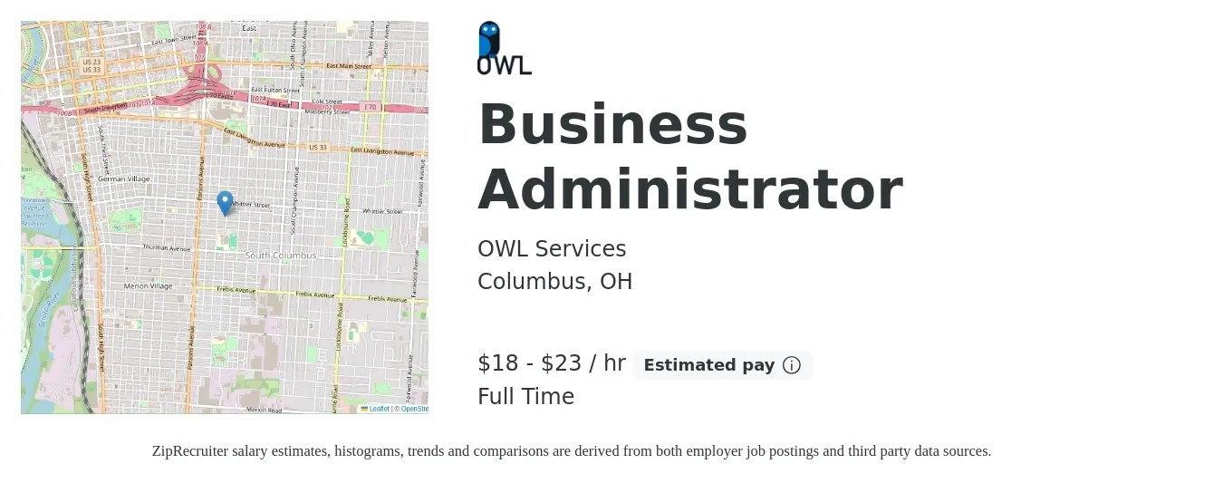 OWL Services job posting for a Business Administrator in Columbus, OH with a salary of $19 to $24 Hourly with a map of Columbus location.