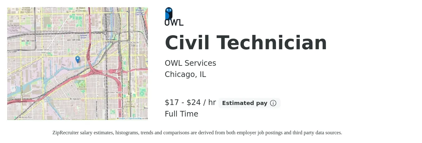 OWL Services job posting for a Civil Technician in Chicago, IL with a salary of $18 to $25 Hourly with a map of Chicago location.