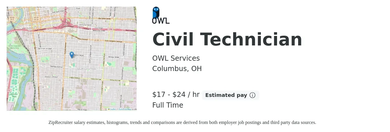 OWL Services job posting for a Civil Technician in Columbus, OH with a salary of $18 to $25 Hourly with a map of Columbus location.