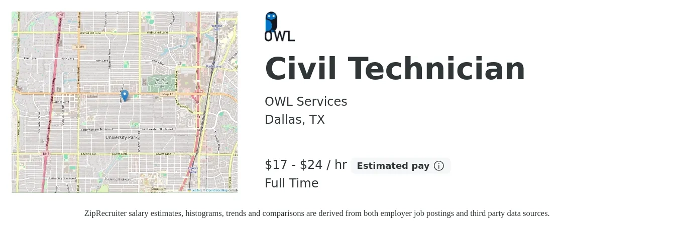 OWL Services job posting for a Civil Technician in Dallas, TX with a salary of $18 to $25 Hourly with a map of Dallas location.