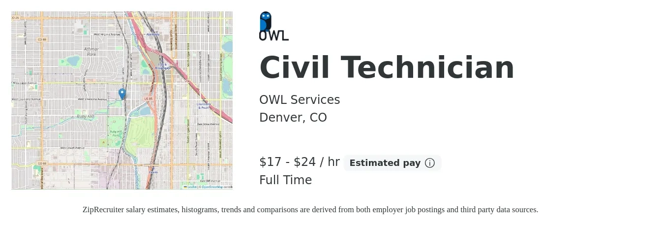 OWL Services job posting for a Civil Technician in Denver, CO with a salary of $18 to $25 Hourly with a map of Denver location.