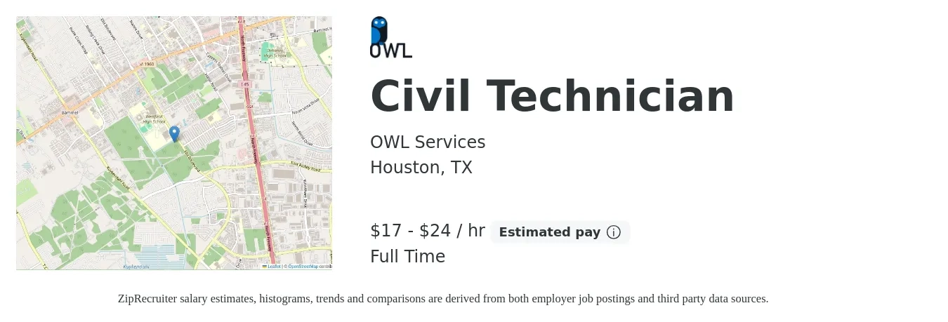 OWL Services job posting for a Civil Technician in Houston, TX with a salary of $18 to $25 Hourly with a map of Houston location.