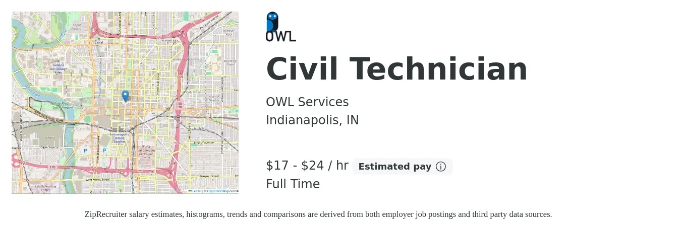 OWL Services job posting for a Civil Technician in Indianapolis, IN with a salary of $18 to $25 Hourly with a map of Indianapolis location.
