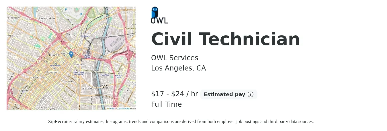 OWL Services job posting for a Civil Technician in Los Angeles, CA with a salary of $18 to $25 Hourly with a map of Los Angeles location.