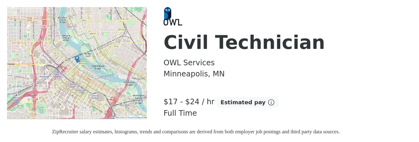 OWL Services job posting for a Civil Technician in Minneapolis, MN with a salary of $18 to $25 Hourly with a map of Minneapolis location.