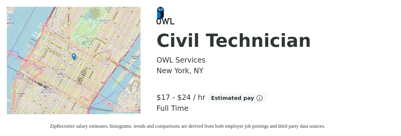 OWL Services job posting for a Civil Technician in New York, NY with a salary of $18 to $25 Hourly with a map of New York location.