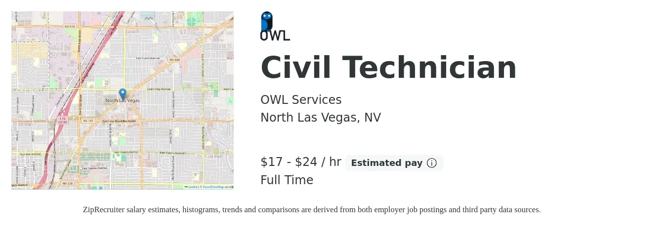 OWL Services job posting for a Civil Technician in North Las Vegas, NV with a salary of $18 to $25 Hourly with a map of North Las Vegas location.