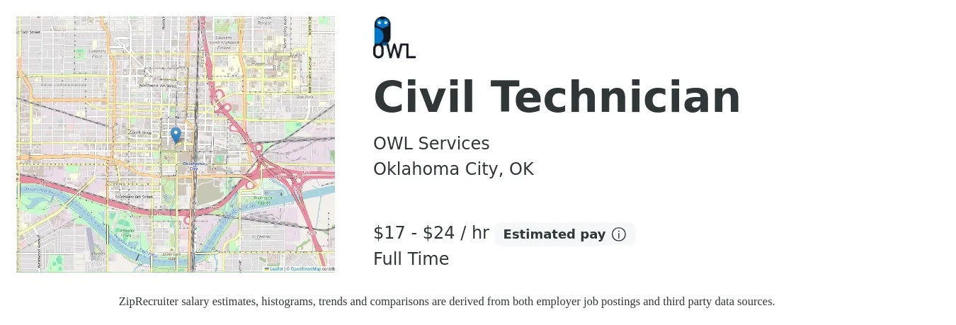 OWL Services job posting for a Civil Technician in Oklahoma City, OK with a salary of $18 to $25 Hourly with a map of Oklahoma City location.