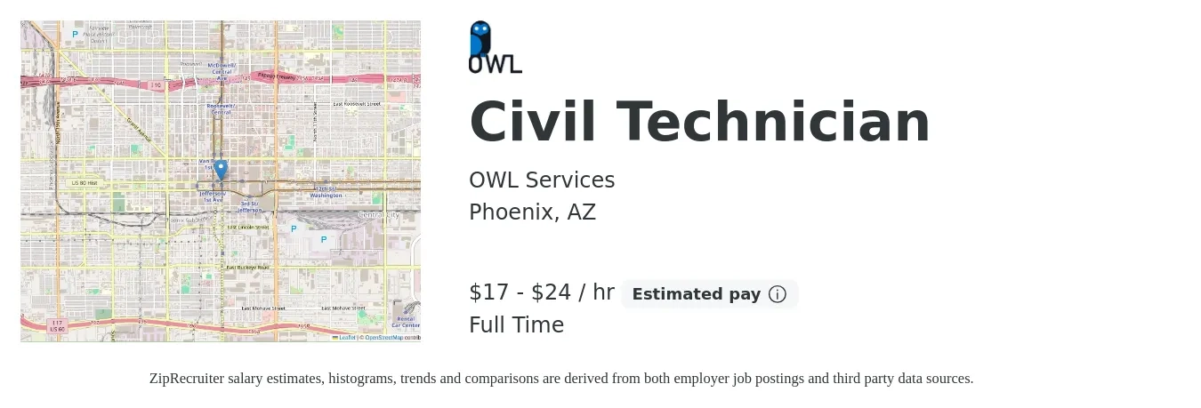 OWL Services job posting for a Civil Technician in Phoenix, AZ with a salary of $18 to $25 Hourly with a map of Phoenix location.