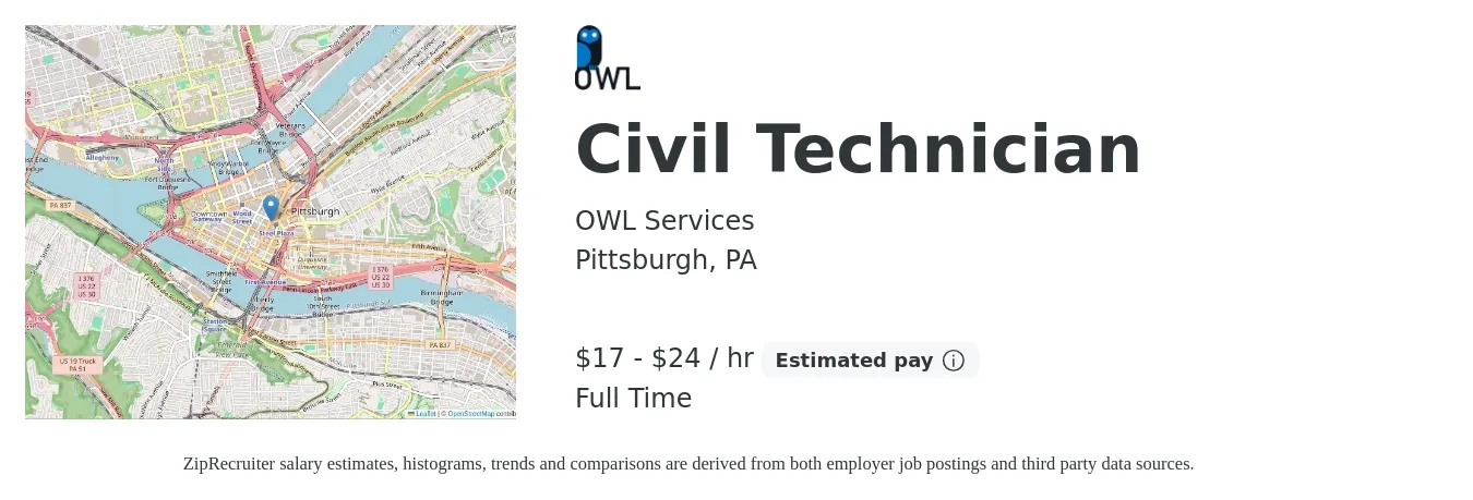 OWL Services job posting for a Civil Technician in Pittsburgh, PA with a salary of $18 to $25 Hourly with a map of Pittsburgh location.