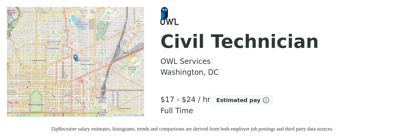 OWL Services job posting for a Civil Technician in Washington, DC with a salary of $18 to $25 Hourly with a map of Washington location.