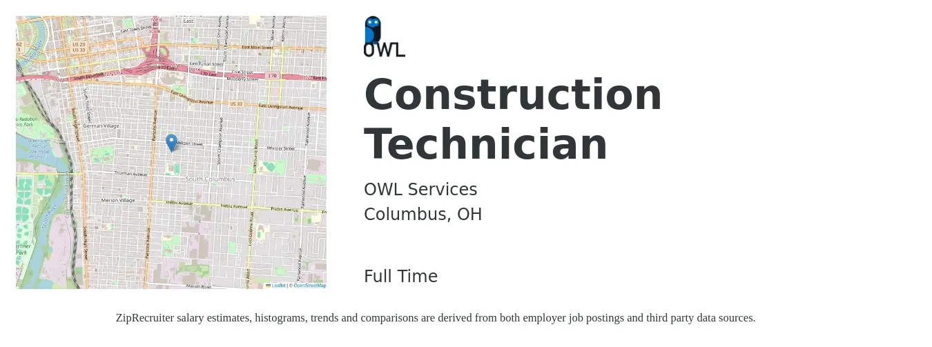 OWL Services job posting for a Construction Technician in Columbus, OH with a salary of $17 to $23 Hourly with a map of Columbus location.
