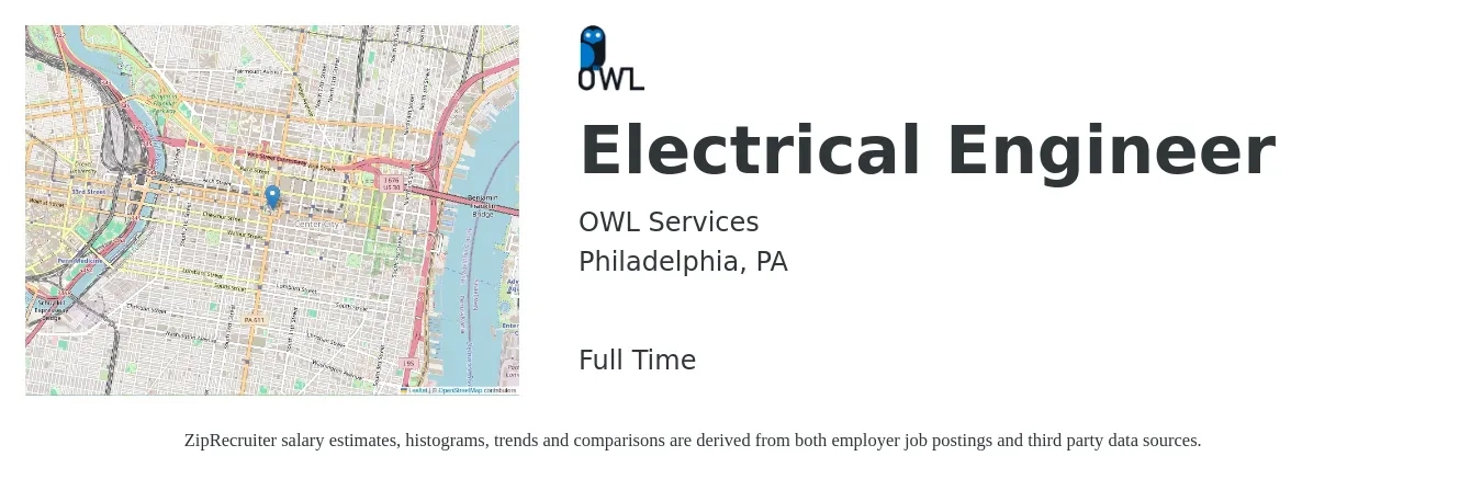 OWL Services job posting for a Electrical Engineer in Philadelphia, PA with a salary of $79,300 to $126,200 Yearly with a map of Philadelphia location.
