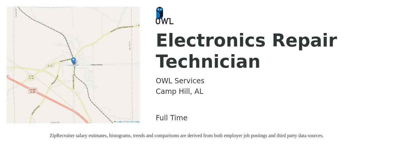 OWL Services job posting for a Electronics Repair Technician in Camp Hill, AL with a salary of $16 to $26 Hourly with a map of Camp Hill location.
