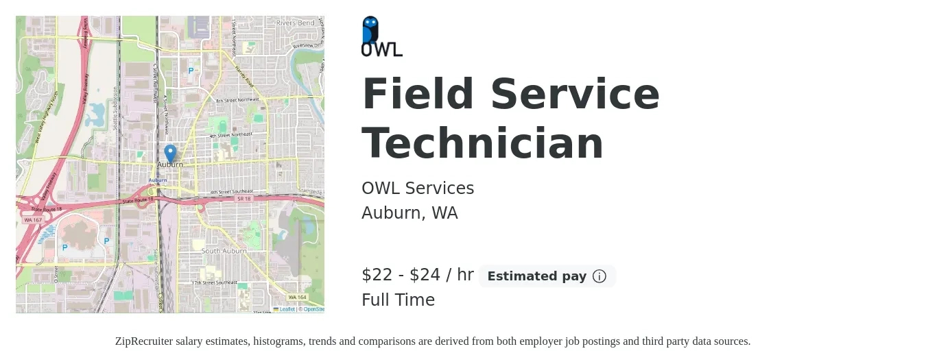 OWL Services job posting for a Field Service Technician in Auburn, WA with a salary of $23 to $25 Hourly with a map of Auburn location.