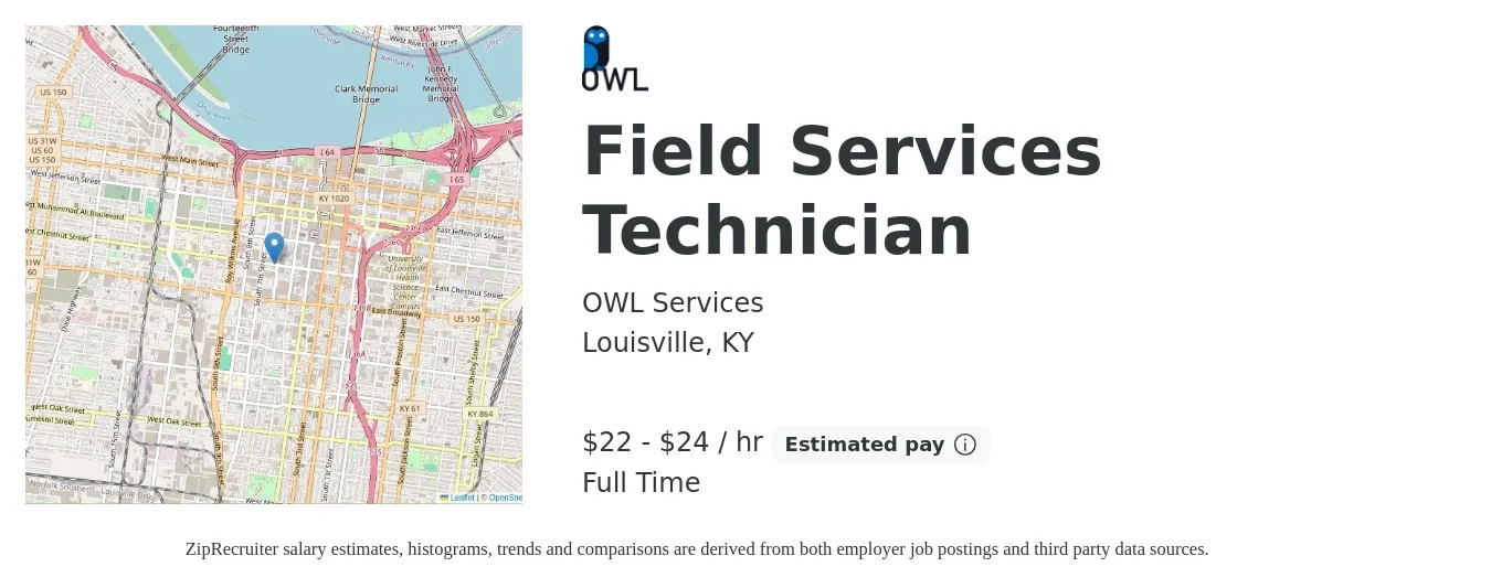 OWL Services job posting for a Field Services Technician in Louisville, KY with a salary of $23 to $25 Hourly with a map of Louisville location.
