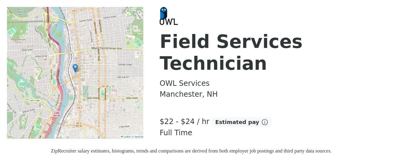 OWL Services job posting for a Field Services Technician in Manchester, NH with a salary of $23 to $25 Hourly with a map of Manchester location.
