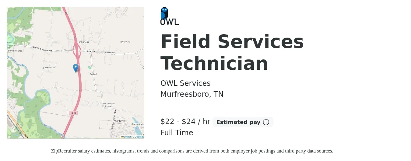 OWL Services job posting for a Field Services Technician in Murfreesboro, TN with a salary of $23 to $25 Hourly with a map of Murfreesboro location.