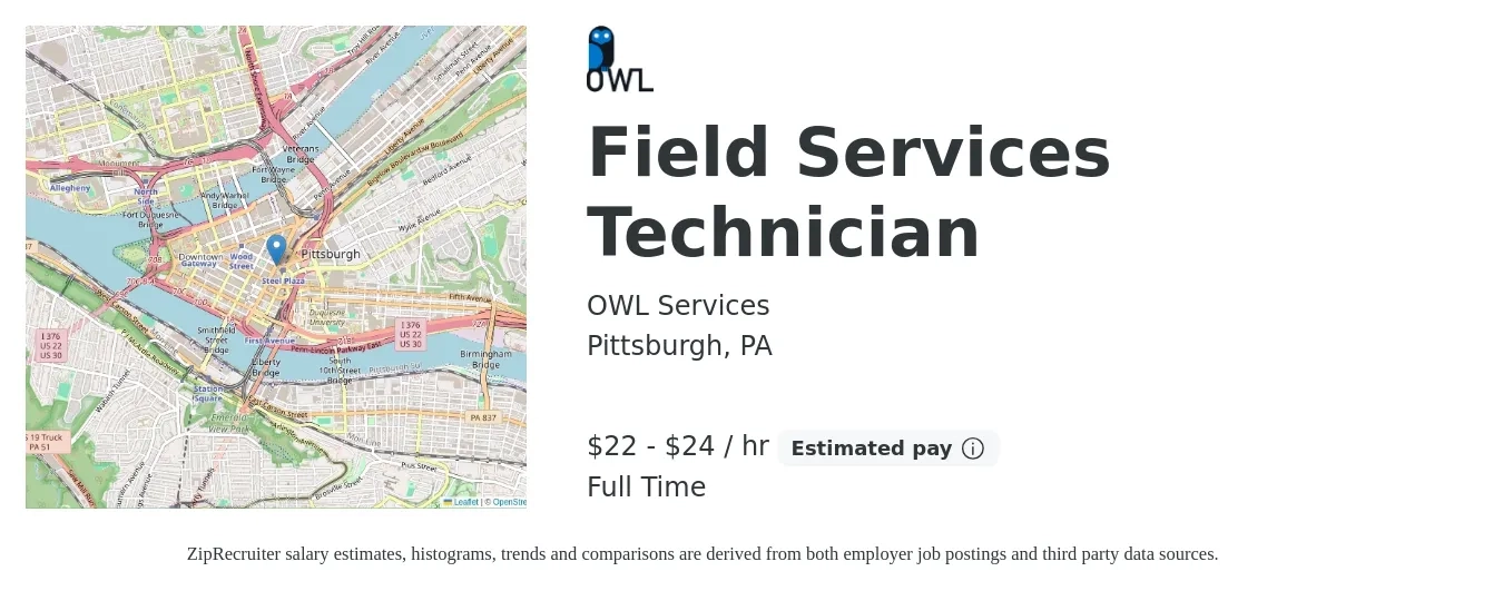 OWL Services job posting for a Field Services Technician in Pittsburgh, PA with a salary of $23 to $25 Hourly with a map of Pittsburgh location.