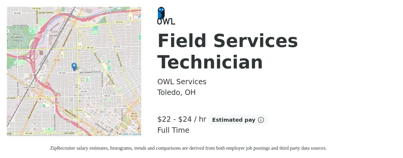 OWL Services job posting for a Field Services Technician in Toledo, OH with a salary of $23 to $25 Hourly with a map of Toledo location.