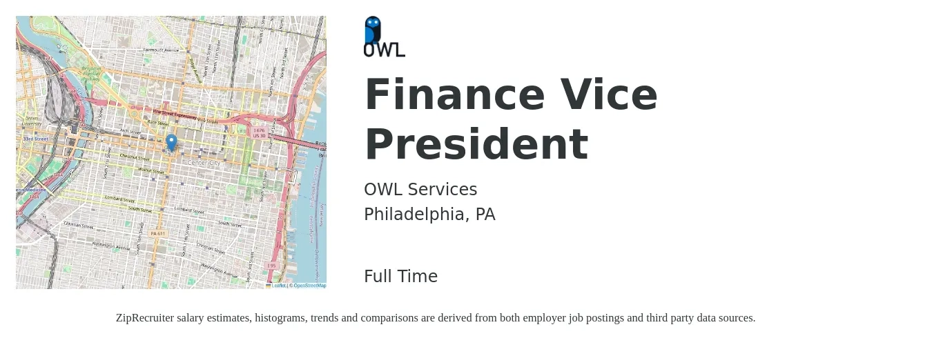 OWL Services job posting for a Finance Vice President in Philadelphia, PA with a salary of $130,500 to $189,700 Yearly with a map of Philadelphia location.
