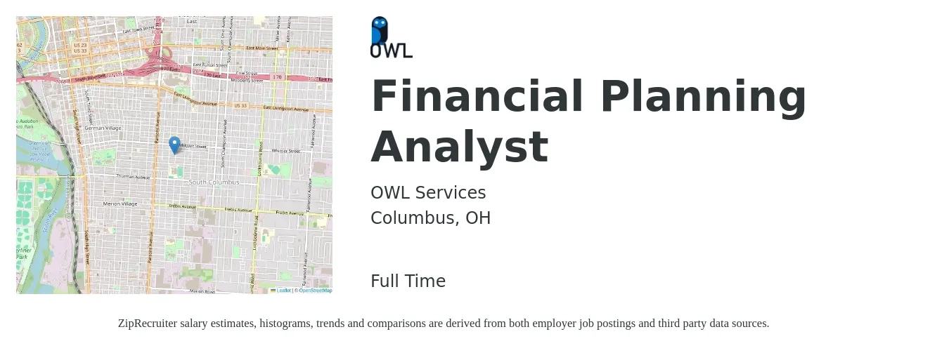 OWL Services job posting for a Financial Planning Analyst in Columbus, OH with a salary of $67,200 to $101,000 Yearly with a map of Columbus location.