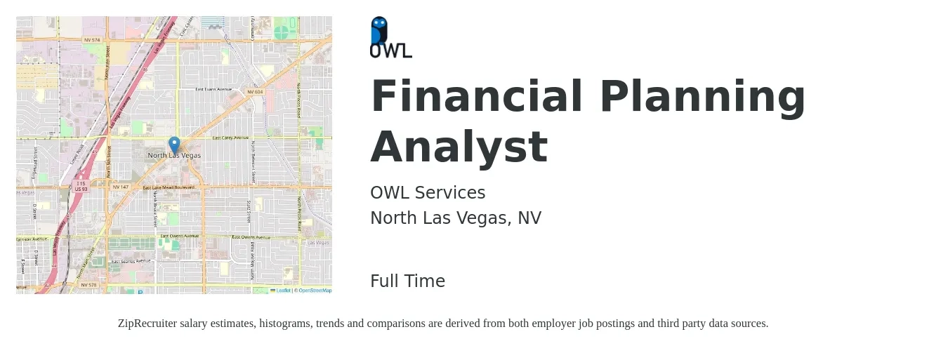 OWL Services job posting for a Financial Planning Analyst in North Las Vegas, NV with a salary of $68,200 to $102,600 Yearly with a map of North Las Vegas location.