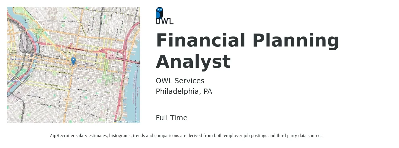OWL Services job posting for a Financial Planning Analyst in Philadelphia, PA with a salary of $68,300 to $102,700 Yearly with a map of Philadelphia location.