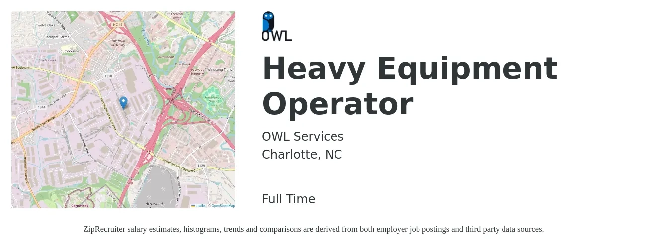 OWL Services job posting for a Heavy Equipment Operator in Charlotte, NC with a salary of $20 to $28 Hourly with a map of Charlotte location.