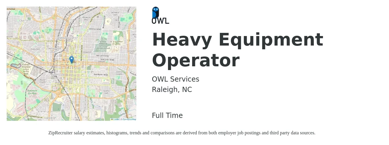 OWL Services job posting for a Heavy Equipment Operator in Raleigh, NC with a salary of $20 to $27 Hourly with a map of Raleigh location.