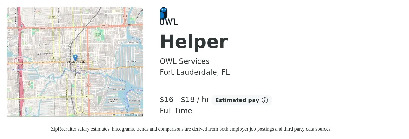 OWL Services job posting for a Helper in Fort Lauderdale, FL with a salary of $18 to $20 Hourly with a map of Fort Lauderdale location.
