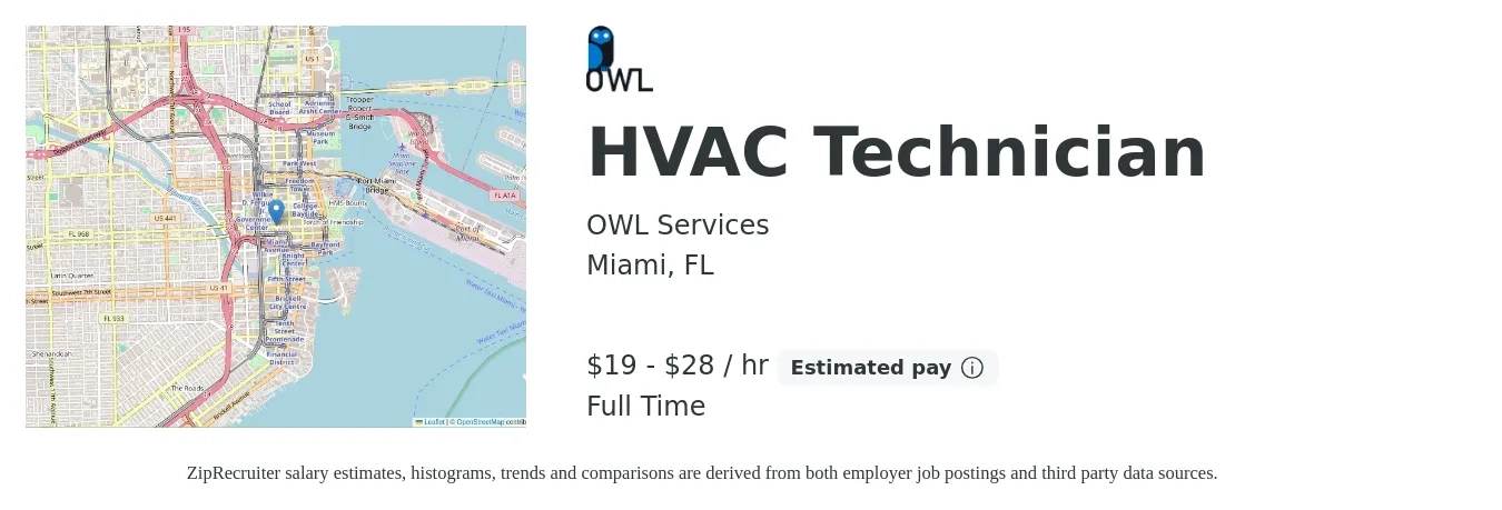 OWL Services job posting for a HVAC Technician in Miami, FL with a salary of $21 to $30 Hourly with a map of Miami location.