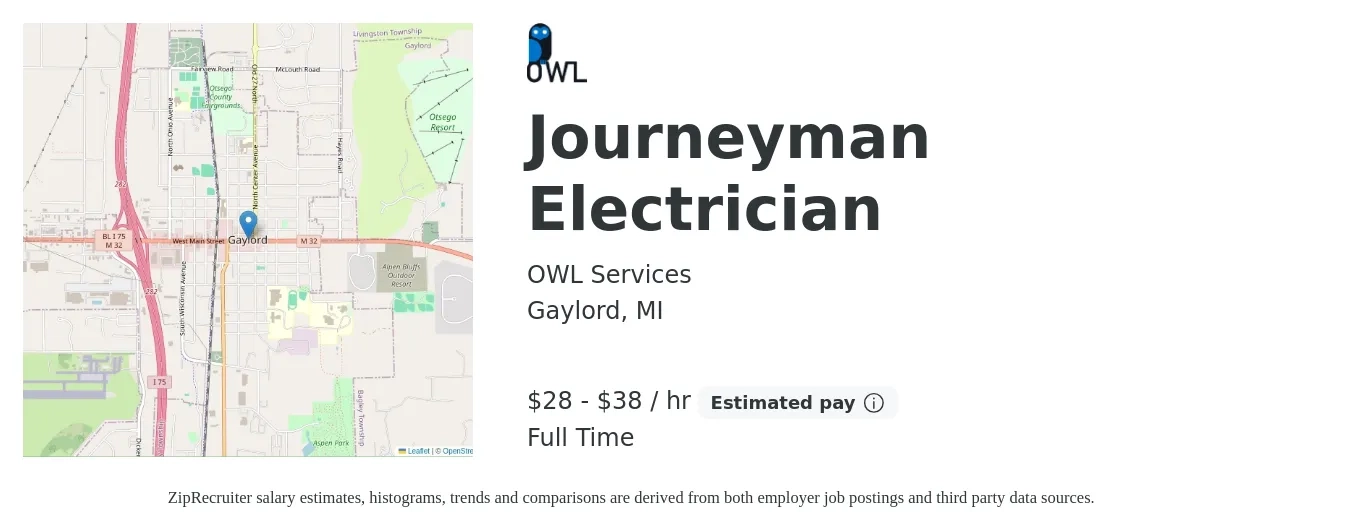 OWL Services job posting for a Journeyman Electrician in Gaylord, MI with a salary of $30 to $40 Hourly with a map of Gaylord location.