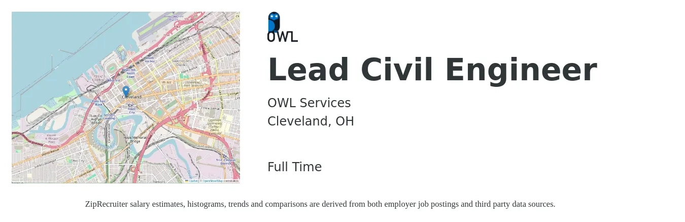 OWL Services job posting for a Lead Civil Engineer in Cleveland, OH with a salary of $99,400 to $131,000 Yearly with a map of Cleveland location.