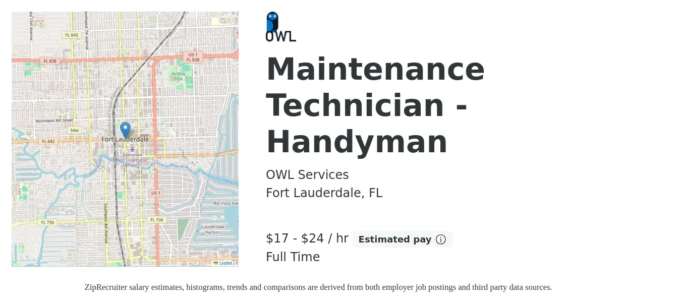 OWL Services job posting for a Maintenance Technician - Handyman in Fort Lauderdale, FL with a salary of $18 to $25 Hourly with a map of Fort Lauderdale location.