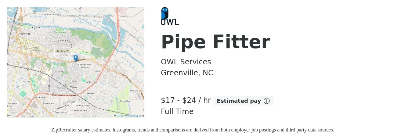 OWL Services job posting for a Pipefitter in Greenville, NC with a salary of $18 to $25 Hourly with a map of Greenville location.