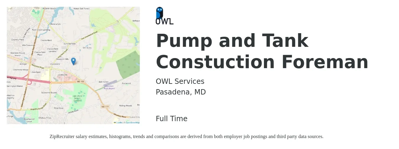 OWL Services job posting for a Pump and Tank Constuction Foreman in Pasadena, MD with a salary of $85,800 to $150,300 Yearly with a map of Pasadena location.