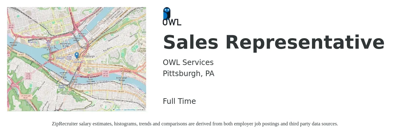 OWL Services job posting for a Sales Representative in Pittsburgh, PA with a salary of $50,900 to $88,400 Yearly with a map of Pittsburgh location.