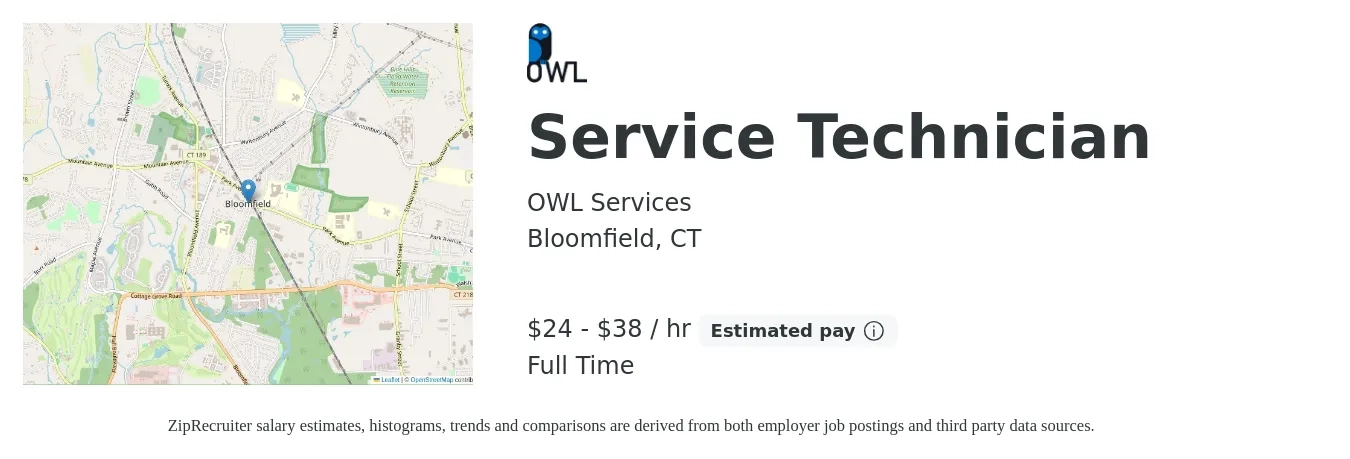 OWL Services job posting for a Service Technician in Bloomfield, CT with a salary of $25 to $35 Hourly with a map of Bloomfield location.