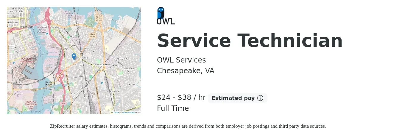 OWL Services job posting for a Service Technician in Chesapeake, VA with a salary of $18 to $25 Hourly with a map of Chesapeake location.