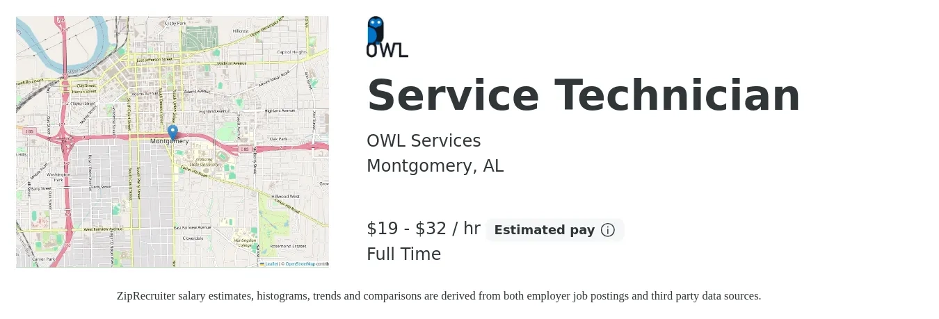 OWL Services job posting for a Service Technician in Montgomery, AL with a salary of $20 to $34 Hourly with a map of Montgomery location.