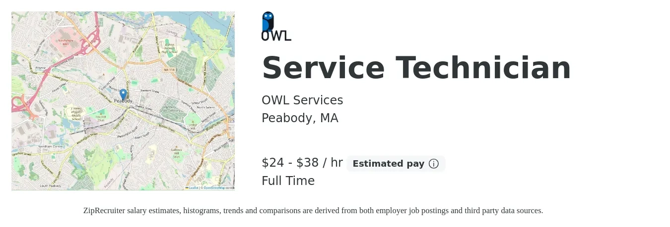 OWL Services job posting for a Service Technician in Peabody, MA with a salary of $22 to $31 Hourly with a map of Peabody location.
