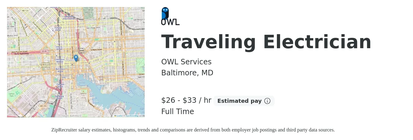OWL Services job posting for a Traveling Electrician in Baltimore, MD with a salary of $28 to $35 Hourly with a map of Baltimore location.