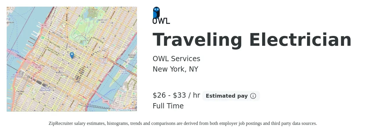 OWL Services job posting for a Traveling Electrician in New York, NY with a salary of $28 to $35 Hourly with a map of New York location.